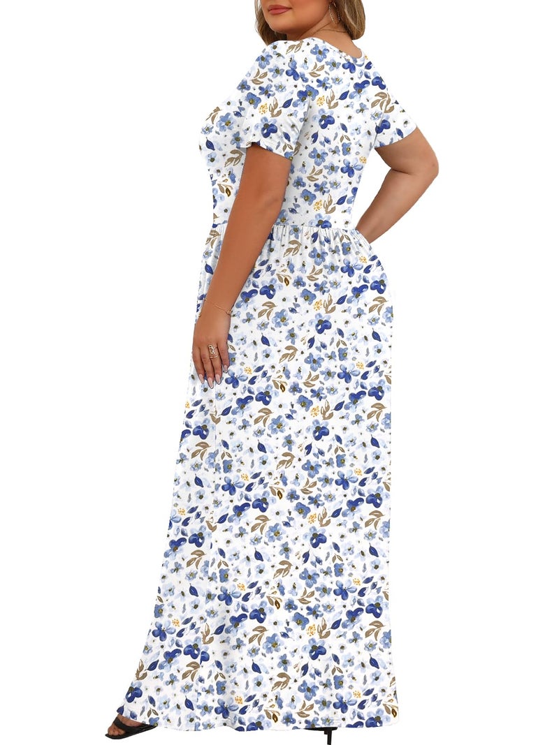 Tencede Womens Plus Size Maxi Dresses Summer 2026 Casual Short Sleeve with Pockets Long Dress White Blue Wildflower 4X - Image 4
