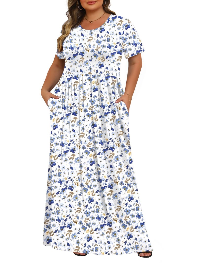 Tencede Womens Plus Size Maxi Dresses Summer 2026 Casual Short Sleeve with Pockets Long Dress White Blue Wildflower 4X - Image 1