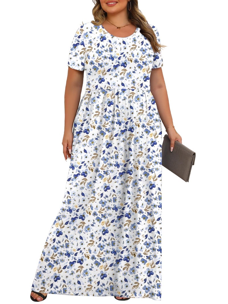 Tencede Womens Plus Size Maxi Dresses Summer 2026 Casual Short Sleeve with Pockets Long Dress White Blue Wildflower 4X - Image 3