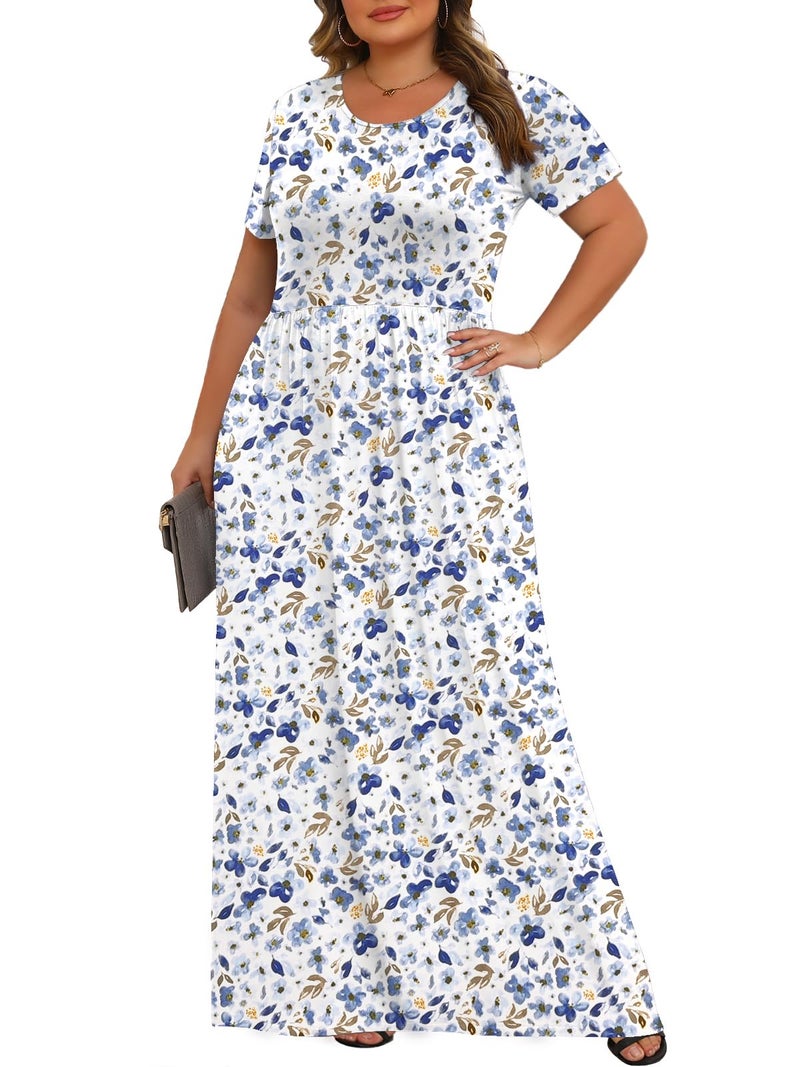 Tencede Womens Plus Size Maxi Dresses Summer 2026 Casual Short Sleeve with Pockets Long Dress White Blue Wildflower 4X - Image 2