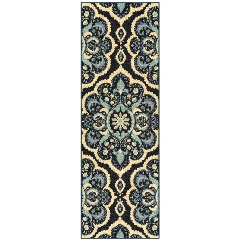 Maples Rugs Vivian Medallion Runner Rug  Made in USA  Washable Non Slip Indoor Carpet for Hallway Kitchen and Laundry Room 2 x 6 Persian Blue