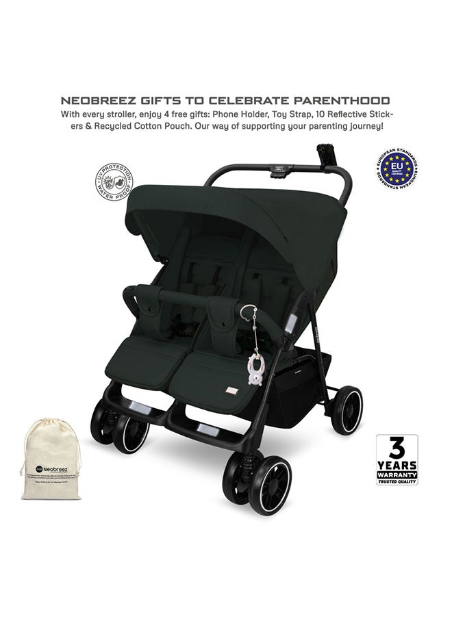 neobreez DUADX Sibling/Twin/Double Side by Side Baby Toddler Stroller,  Pushchair, One-Hand Fold,  Waterproof Canopy,  Gift And String Bag, Phone Holder, Toy Strap, Reflective Sticker, 0-3yrs, 30kg, 3yrs warranty  - Image 2
