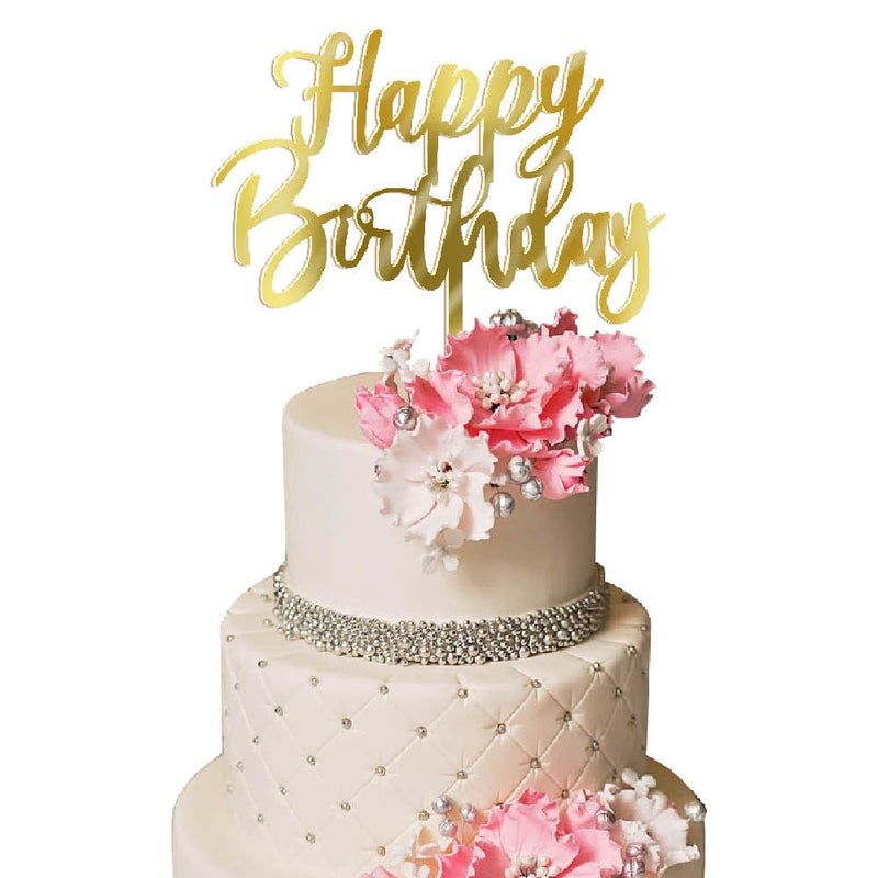 YUINYO Handmade happy birthday Cake Topper  Happy Birthday Cake Bunting Decor Birthday Party Decoration Supplies (Acrylic gold) - Image 1