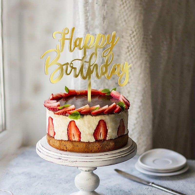 YUINYO Handmade happy birthday Cake Topper  Happy Birthday Cake Bunting Decor Birthday Party Decoration Supplies (Acrylic gold) - Image 4