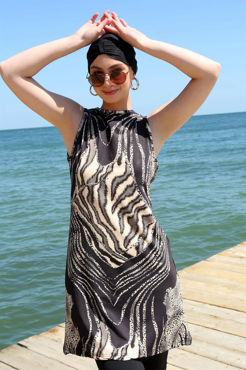 اكبينيز Zero Sleeve Leopard Half Hijab Swimsuit 33010