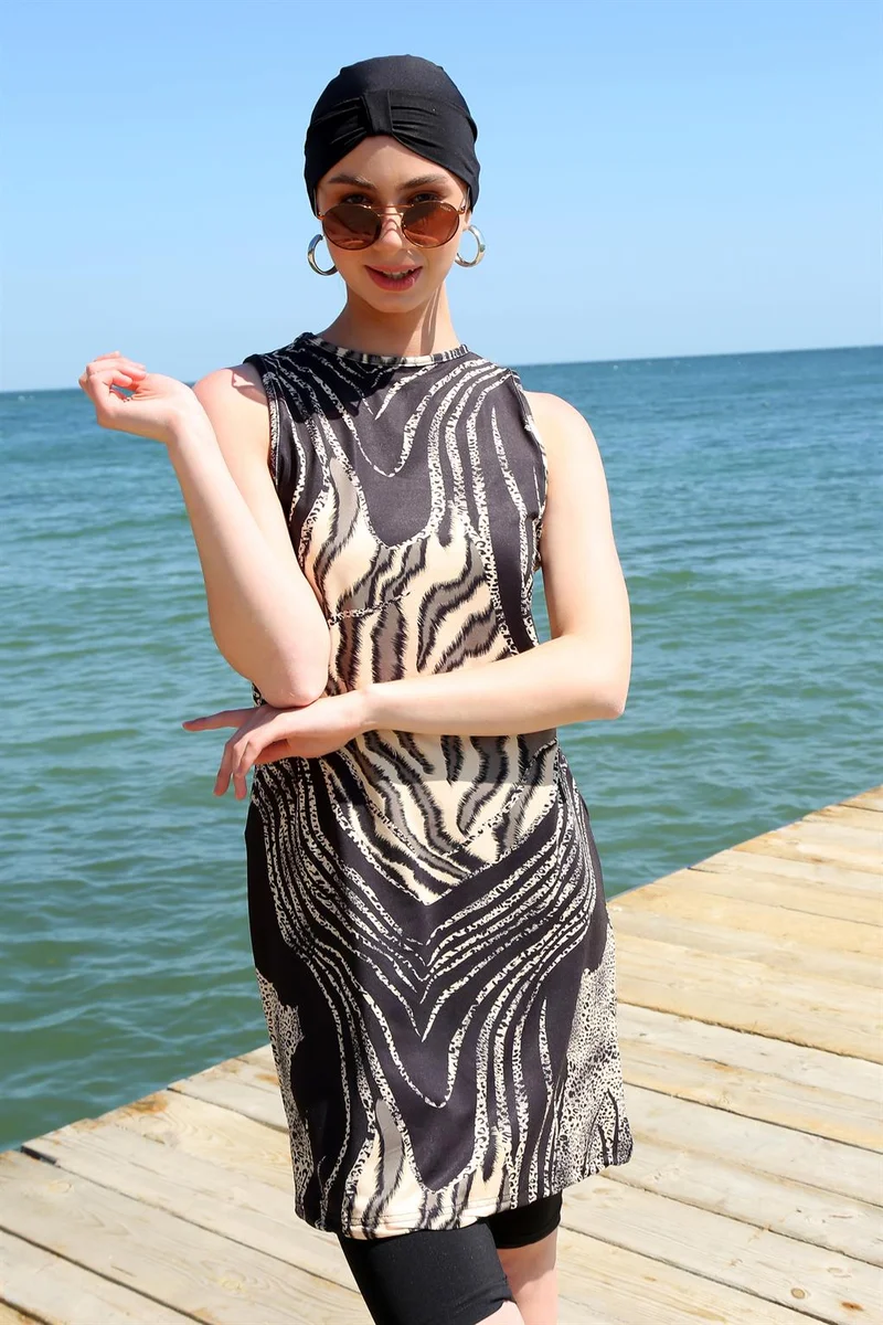 اكبينيز Zero Sleeve Leopard Half Hijab Swimsuit 33010