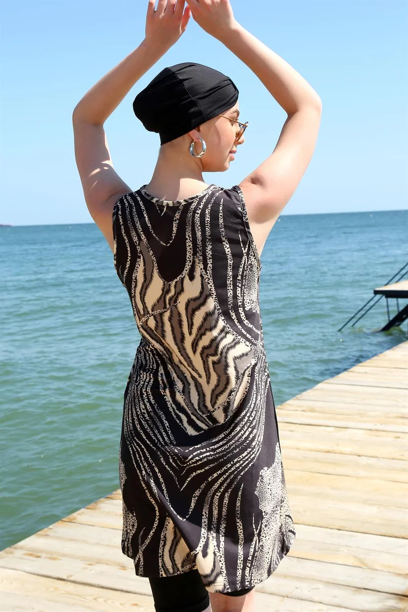 اكبينيز Zero Sleeve Leopard Half Hijab Swimsuit 33010