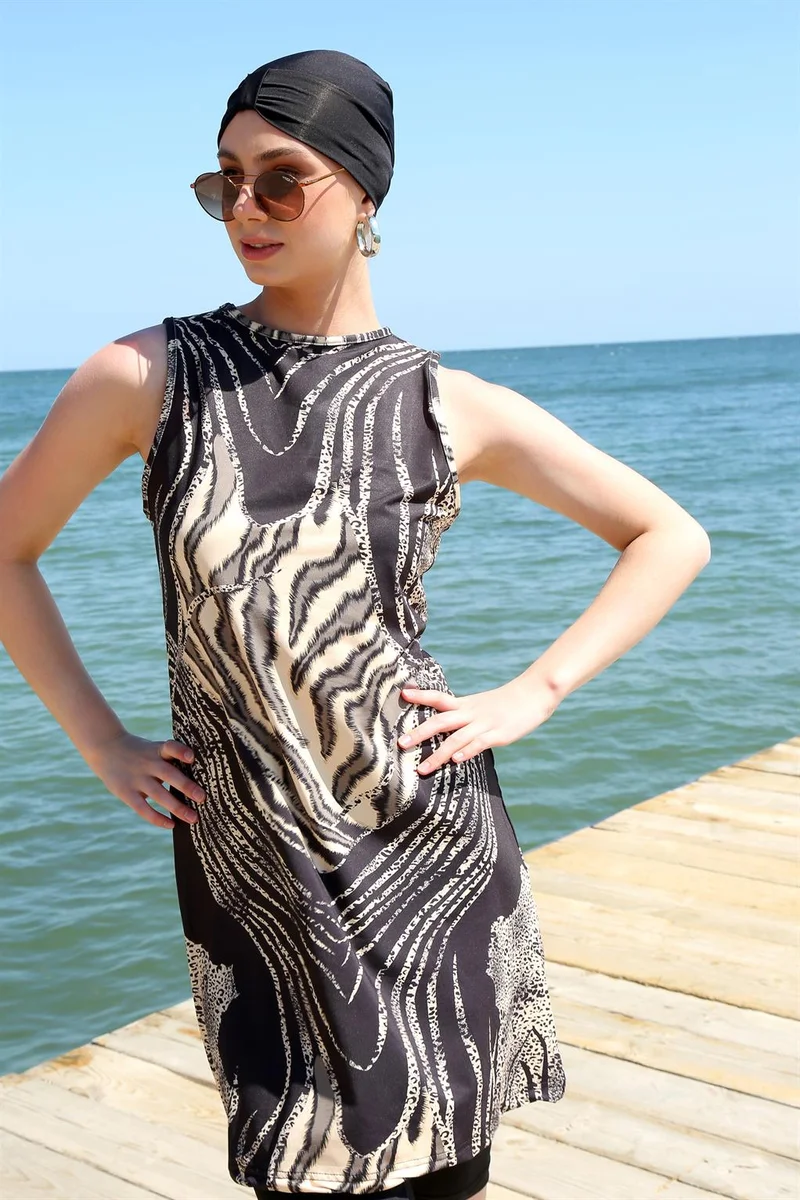 اكبينيز Zero Sleeve Leopard Half Hijab Swimsuit 33010