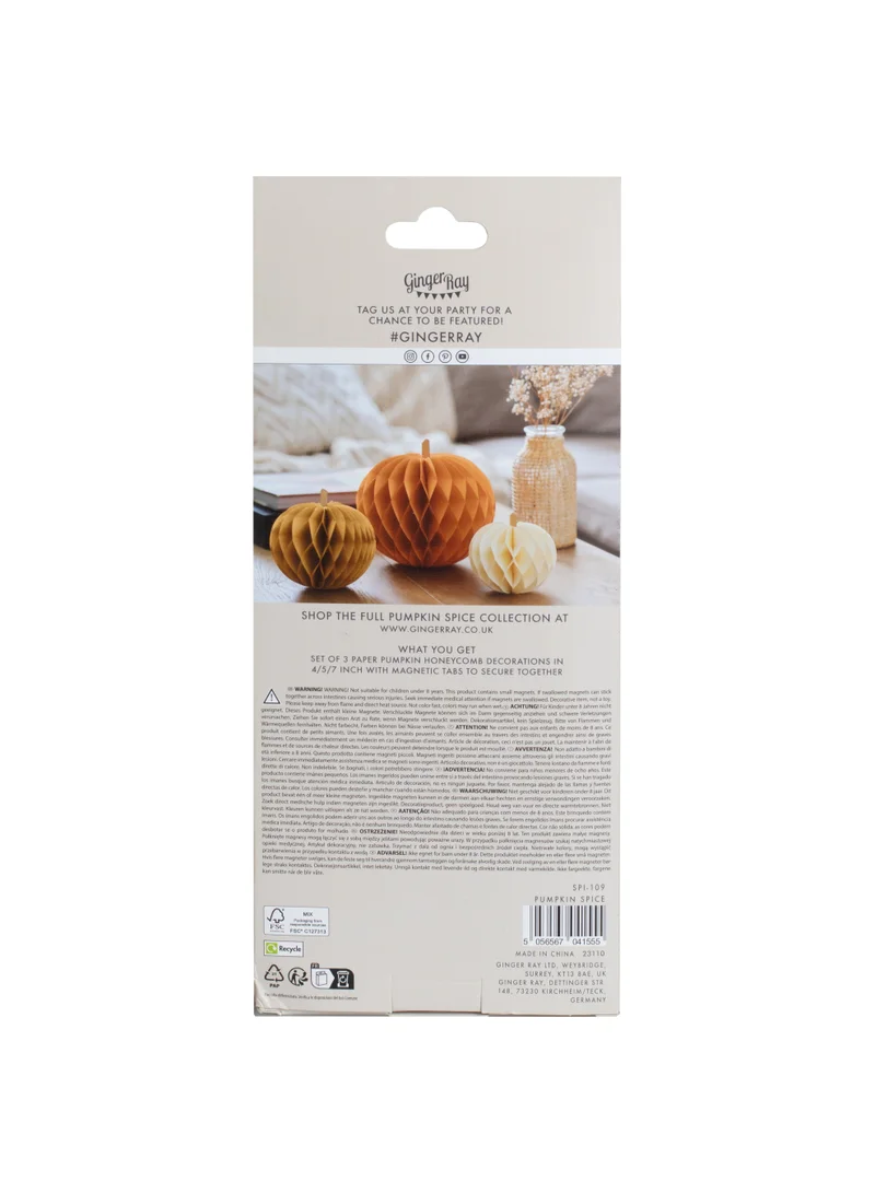 Ginger Ray Paper Decorations - Pumpkin - Honeycomb - Pack of 3