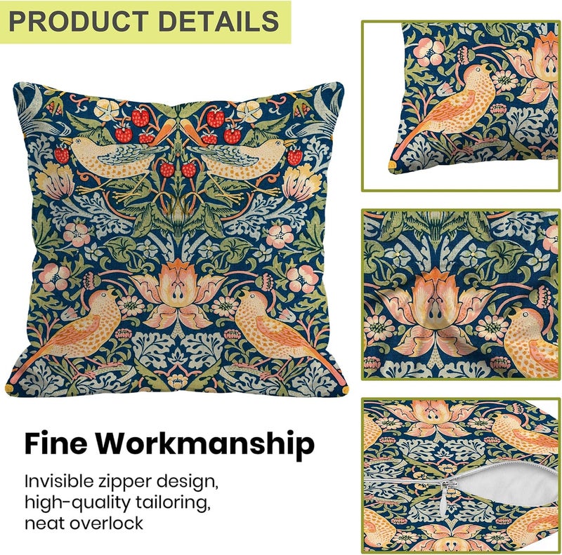 Identiy Vintage Birds and Flowers Throw Pillow Cover 18x18 Inch Pack of 1, Floral and Strawberries Decorative Pillow Case, Lumar Cushion Pillow Cover for Home Sofa Couch Indoor Outdoor - Image 3