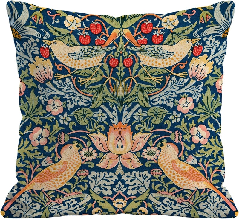 Identiy Vintage Birds and Flowers Throw Pillow Cover 18x18 Inch Pack of 1, Floral and Strawberries Decorative Pillow Case, Lumar Cushion Pillow Cover for Home Sofa Couch Indoor Outdoor - Image 1
