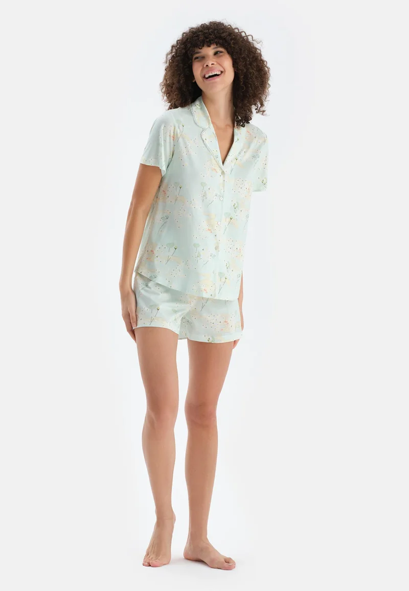 dagi Floral Mid Rise Green Spread Collar Cotton Blend Shirt & Shorts Nightwear Set