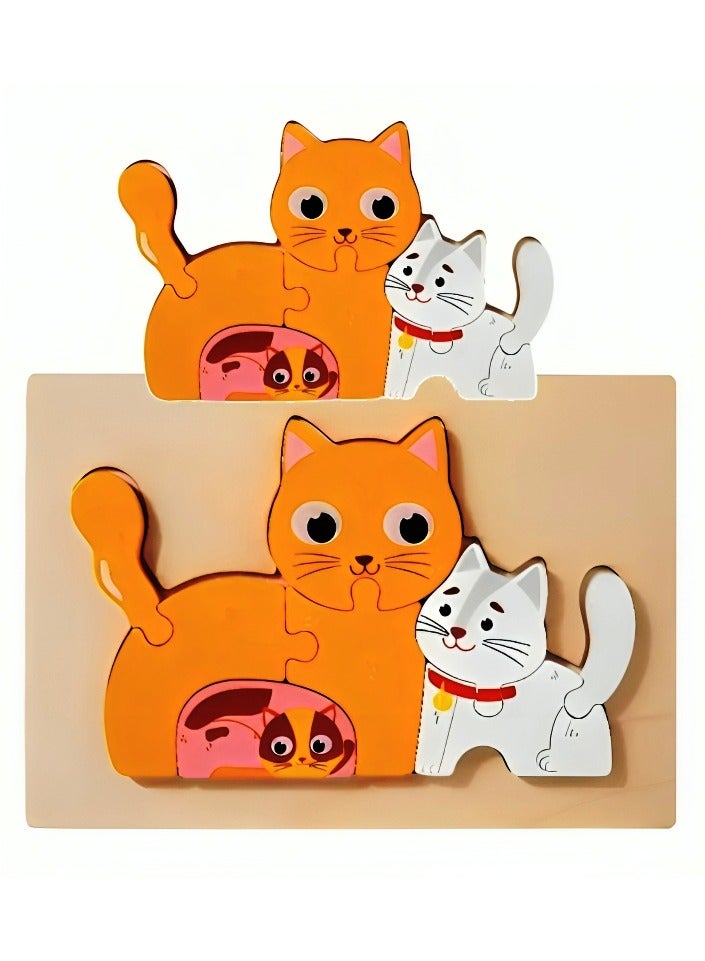 Wooden 3D Puzzles, Animal Family Style, Teacher Parents Early Learning Support Tools, Attractive Colors and Patterns, Montessori Motor Skill Development Toys, Great Kids Gift (Cat Family Style) - Image 1