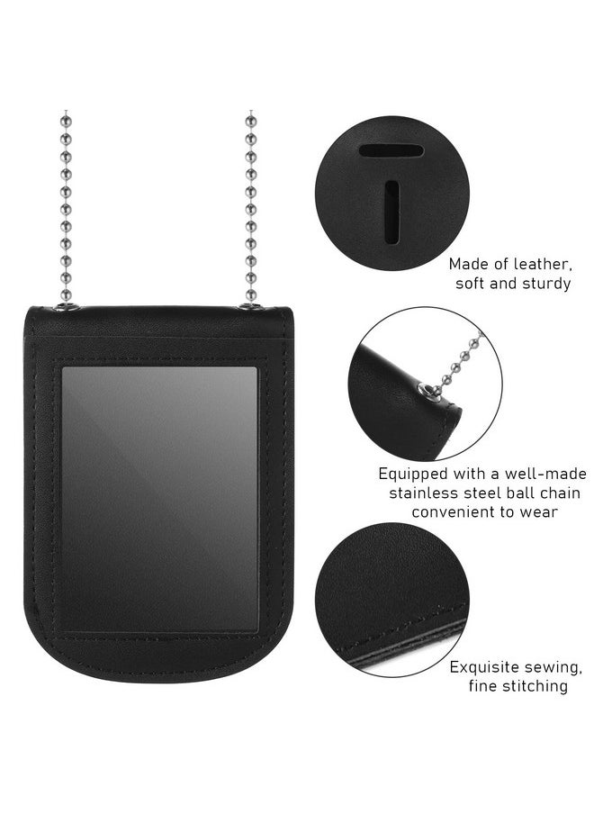 Prasacco - 1Pc Leather Police Badge Holder Id Badge Holder Black Neck Chain Badge Holde Universal Neck Badge Holder With Bead Chain For Police Factory Worker - Image 1