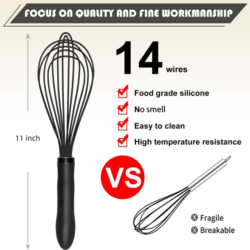 TEEVEA Silicone Whisk,Kitchen Silicone Whisks for Cooking Non Scratch,Wisking Tool Metal Wire Stainless Steel Whisk Egg Bread Silicone Wisk,Small Mini Heat Resistant Whisk 11-Inch,Black - Image 2
