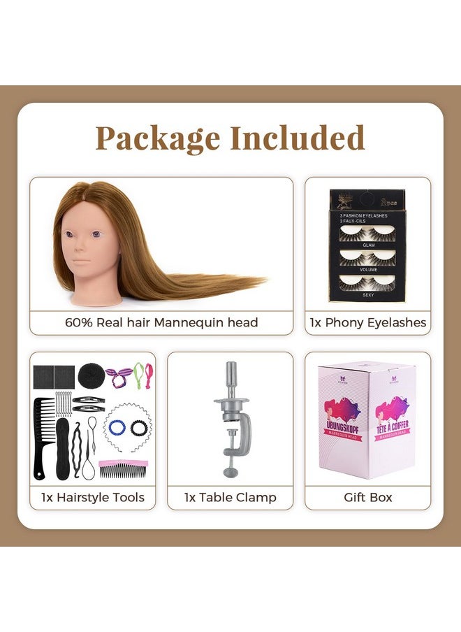 Neverland Beauty & Health - Mannequin Head With 60% Real Human Hair 28 Inch Make Up Cosmetology Manikin Practice Head With Hairbraiding Hairdressing Doll Head For Hair Styling With Table Clamp + Diy Hair Styling Set - Image 1