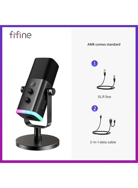 FIFINE USB/XLR Dynamic Microphone with RGB Control/Headphone jack/Mute,MIC for PC Gaming Recording Streaming AmpliGame-AM8