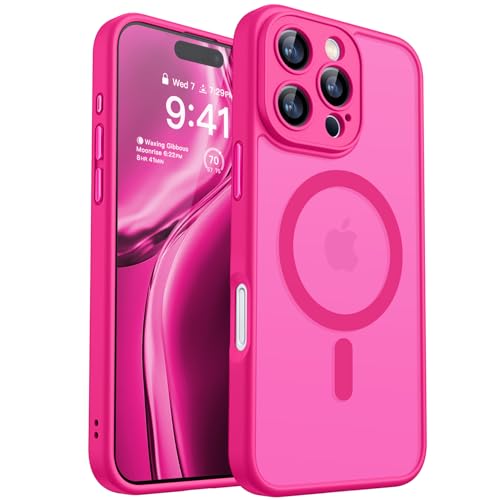 CANSHN Magnetic Compatible with iPhone 16 Pro Case, Upgraded [Full Camera Protection] [Compatible with Magsafe] [Translucent Matte] Shockproof Protective Phone Case Cover 6.3 Inch - Hot Pink - Image 1