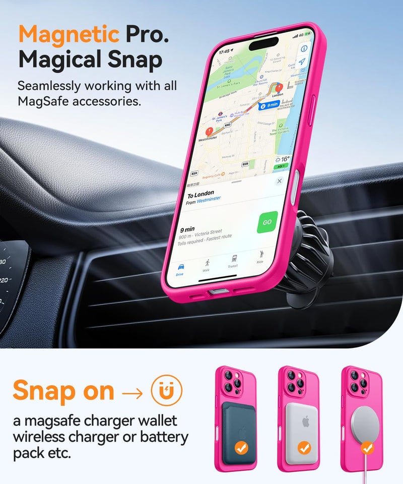 CANSHN Magnetic Compatible with iPhone 16 Pro Case, Upgraded [Full Camera Protection] [Compatible with Magsafe] [Translucent Matte] Shockproof Protective Phone Case Cover 6.3 Inch - Hot Pink - Image 4
