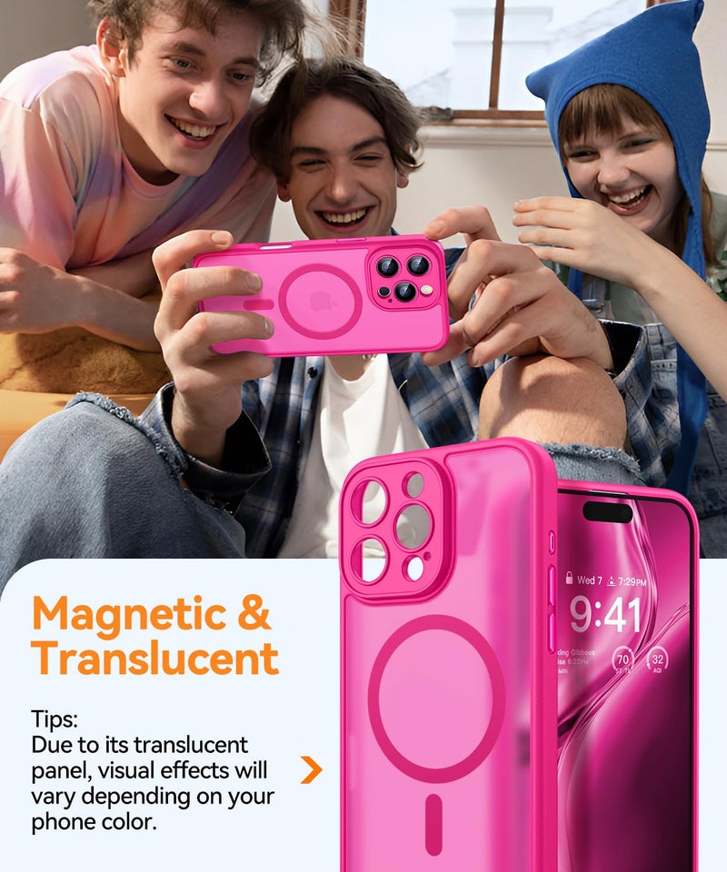 CANSHN Magnetic Compatible with iPhone 16 Pro Case, Upgraded [Full Camera Protection] [Compatible with Magsafe] [Translucent Matte] Shockproof Protective Phone Case Cover 6.3 Inch - Hot Pink - Image 3