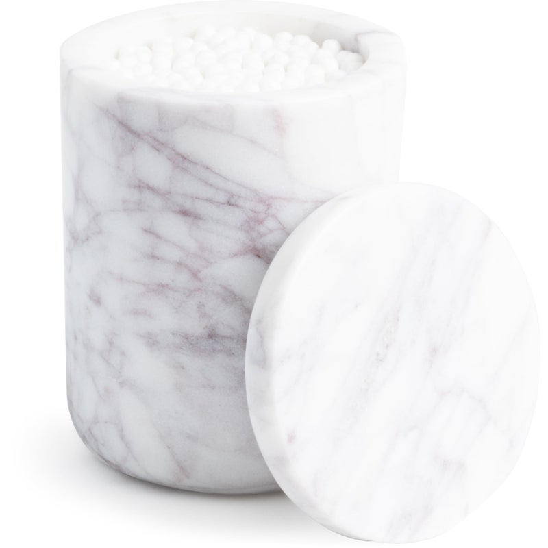 Cork & Mill Cork Mill Marble Bathroom Container with Lid Holder for Qtip Swabs Cotton Balls Pads Rounds or Floss Picks White Apothecary Jar for Q Tips Canister for Organizing Bathroom Counter Vanity - Image 2