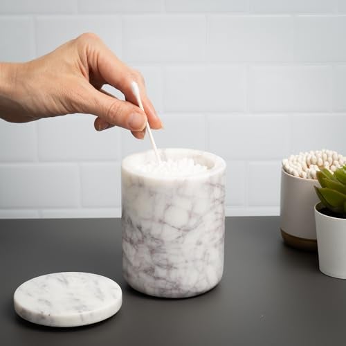 Cork & Mill Cork Mill Marble Bathroom Container with Lid Holder for Qtip Swabs Cotton Balls Pads Rounds or Floss Picks White Apothecary Jar for Q Tips Canister for Organizing Bathroom Counter Vanity - Image 3