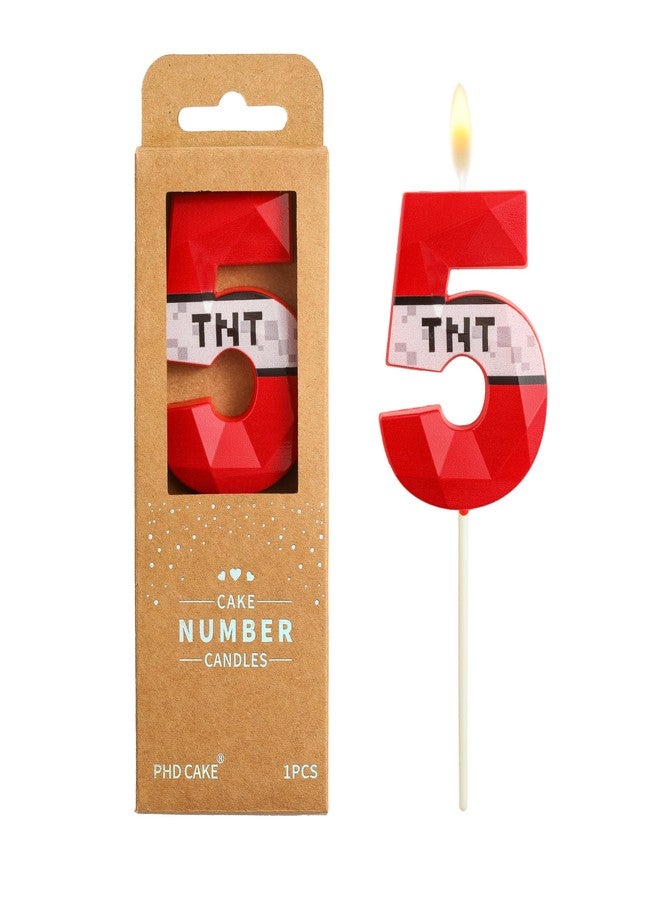 PHD CAKE 2.76 Inch Number 5 Red Pixel Gamer Birthday Candles, TNT Themed Number Candles, Cake Number Candles, Party Celebration - Image 1
