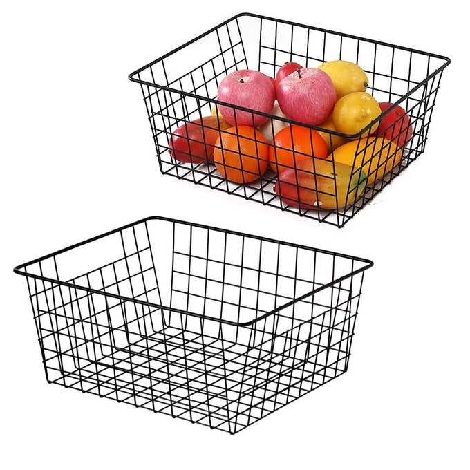 KITCHEN WIRE BASKETS FARMHOUSE DECOR METAL FOOD STORAGE ORGANIZERHOUSEHOLD REFRIGERATOR BIN WITH BUILTIN HANDLES FOR CABINETSPANTRYBATHROOMBLACK