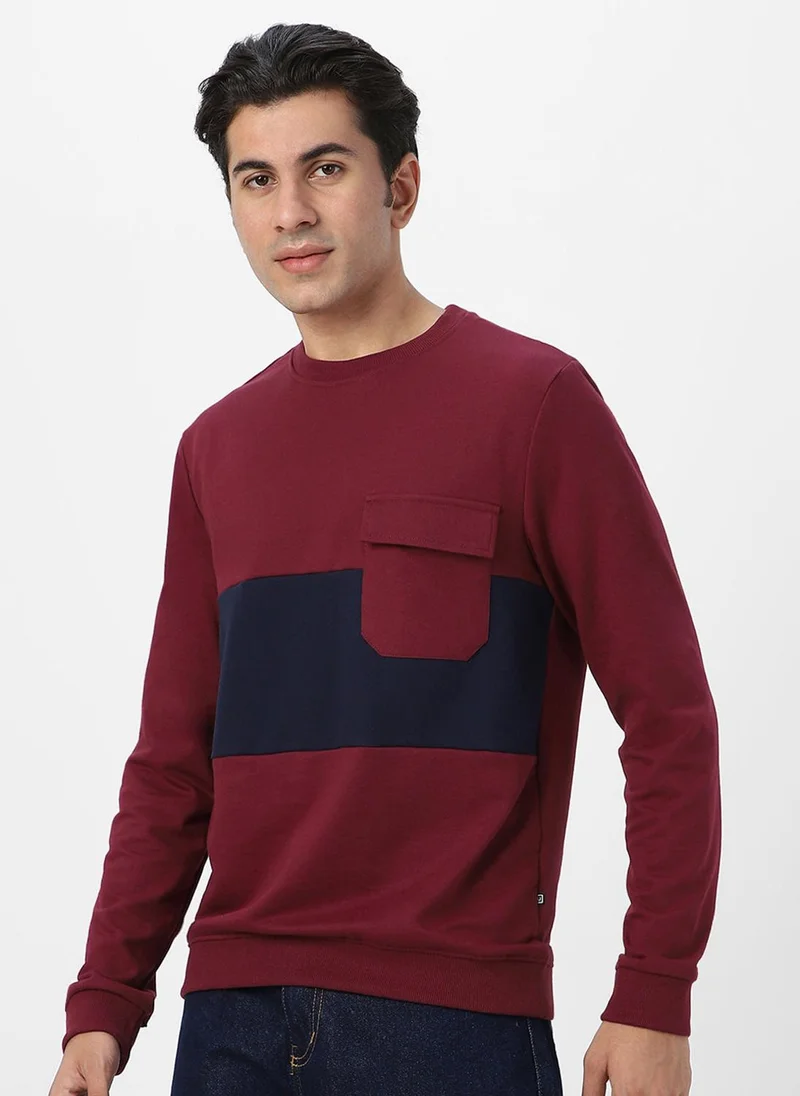 Urbano Fashion Men's Maroon Cotton Color Block Round Neck Sweatshirt