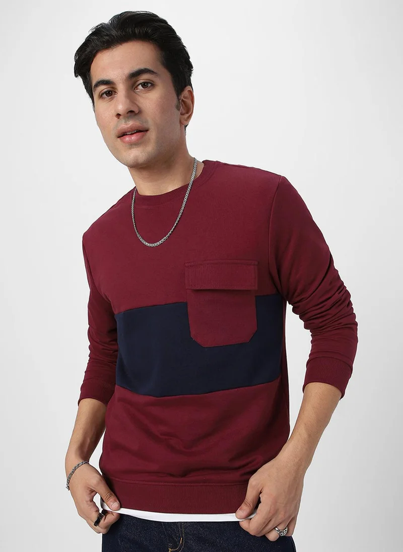 Urbano Fashion  Urbano Fashion Men's Maroon Cotton Color Block Round Neck Sweatshirt for Men | Best Price UAE