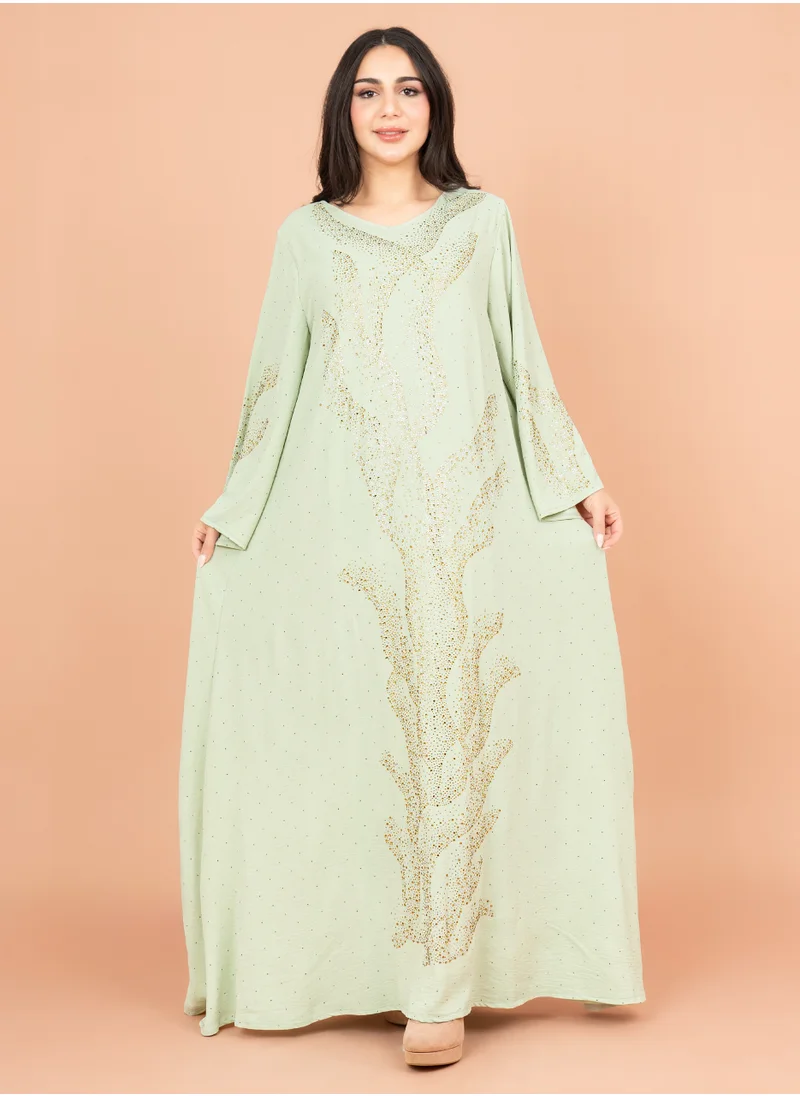 IKKXA Shimmering Crystal Jalabiya with Patterned Crystal Detailing IK6007 Green