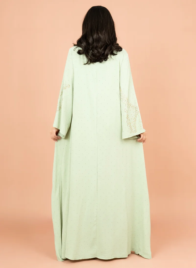 IKKXA Shimmering Crystal Jalabiya with Patterned Crystal Detailing IK6007 Green