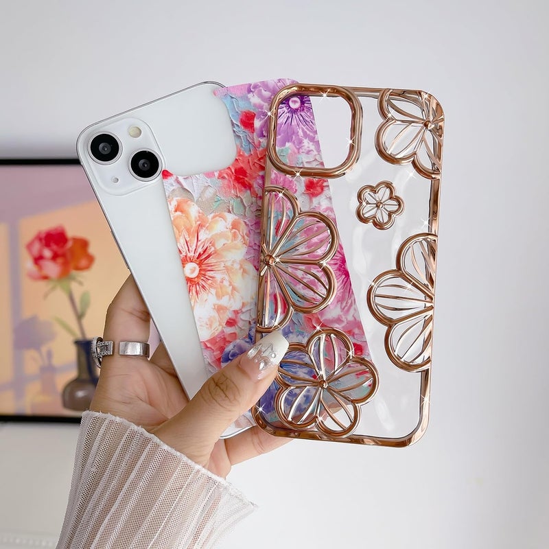 Mobistyle Designed for iPhone 15 Cover| Electroplating Bling Colourful Floral 3D TPU Camera Protection Back Cover Case for Women Girls (Gold) - Image 4