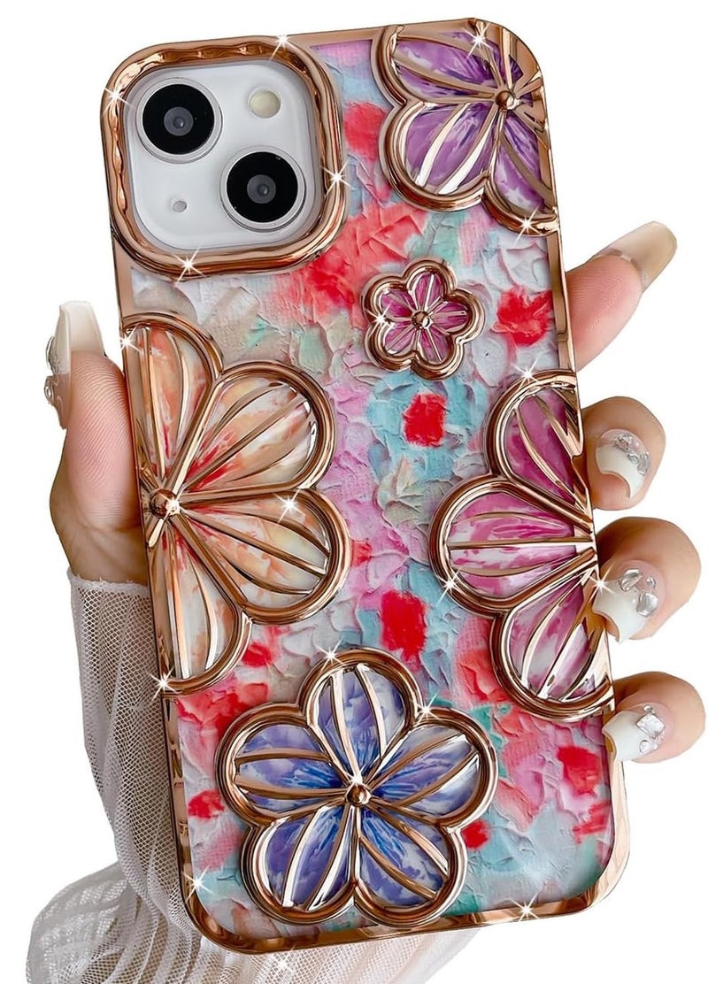 Mobistyle Designed for iPhone 15 Cover| Electroplating Bling Colourful Floral 3D TPU Camera Protection Back Cover Case for Women Girls (Gold) - Image 1