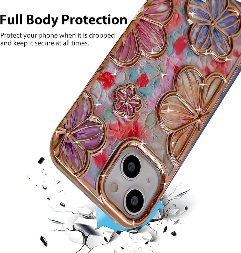 Mobistyle Designed for iPhone 15 Cover| Electroplating Bling Colourful Floral 3D TPU Camera Protection Back Cover Case for Women Girls (Gold) - Image 3