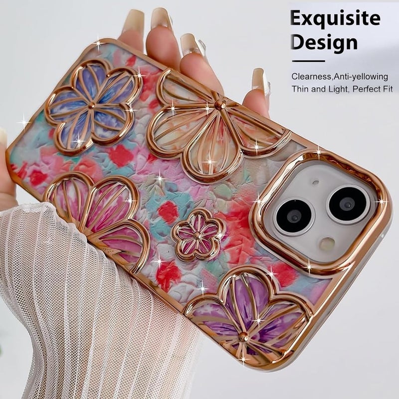 Mobistyle Designed for iPhone 15 Cover| Electroplating Bling Colourful Floral 3D TPU Camera Protection Back Cover Case for Women Girls (Gold) - Image 2