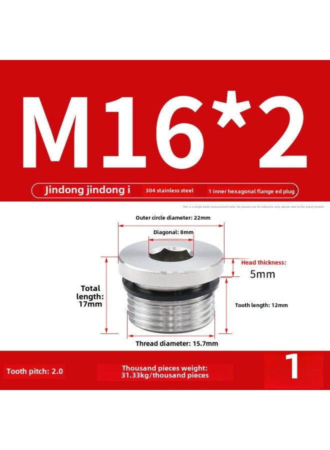 304 Hexagon Socket Plug With ED Ring Stainless Steel Oil Plug Pipe Plug Pipe Plug Oil Pipe Screw Plug 1 Points 2 Points 3 Points 4 Points 6 Points-Specification Model:M16*2【1 Piece】 - Image 1