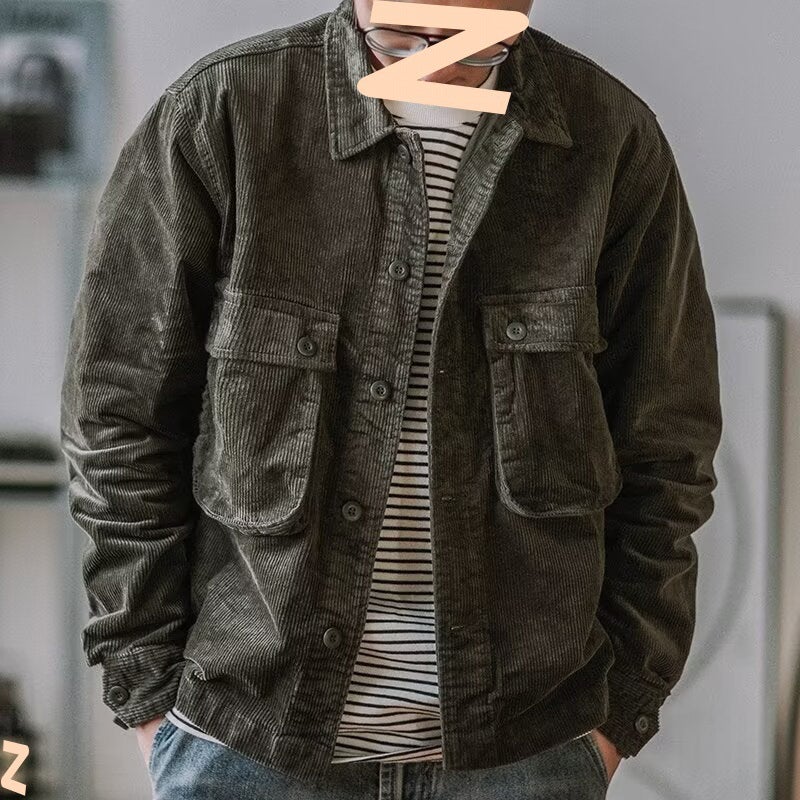 جاكيت قطن مخملي للرجال أمريكي ريترو وسيم مع جيوب متعددة للعمالة جاكيت بياقة مخملية علوية فضفاضة عصرية - Image 2