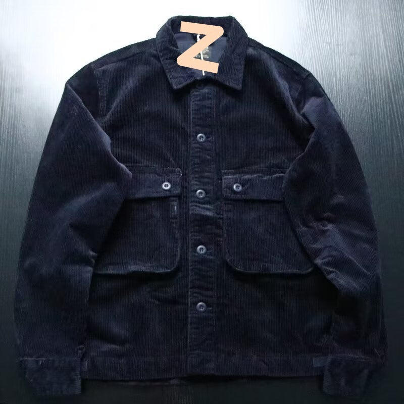 جاكيت قطن مخملي للرجال أمريكي ريترو وسيم مع جيوب متعددة للعمالة جاكيت بياقة مخملية علوية فضفاضة عصرية - Image 1