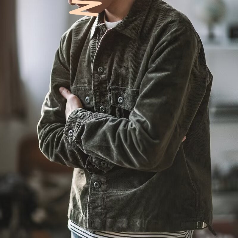 جاكيت قطن مخملي للرجال أمريكي ريترو وسيم مع جيوب متعددة للعمالة جاكيت بياقة مخملية علوية فضفاضة عصرية - Image 3