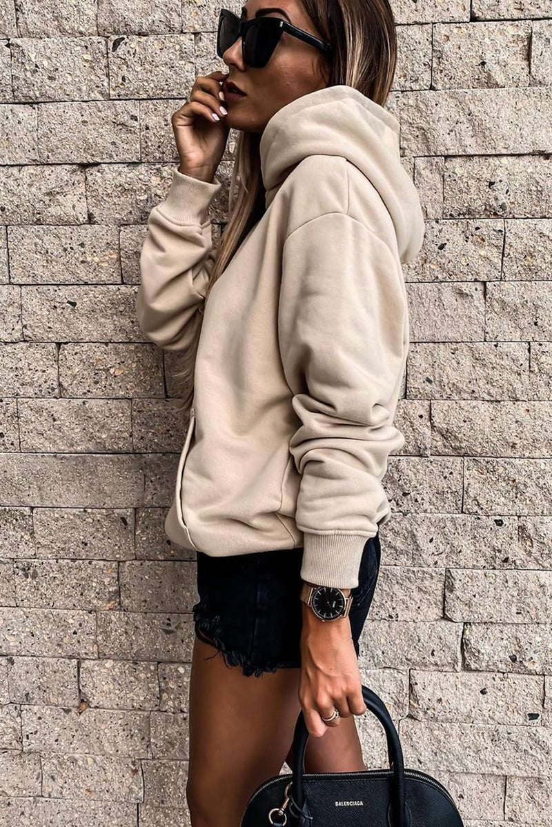 Shein SHEWIN Womens Hoodies Casual Long Sleeve Solid Lightweight Hoodie Pullover Tops Soft Loose Hooded Sweatshirt Fall Clothes for Women 2024,US 4-6(S),Apricot - Image 2