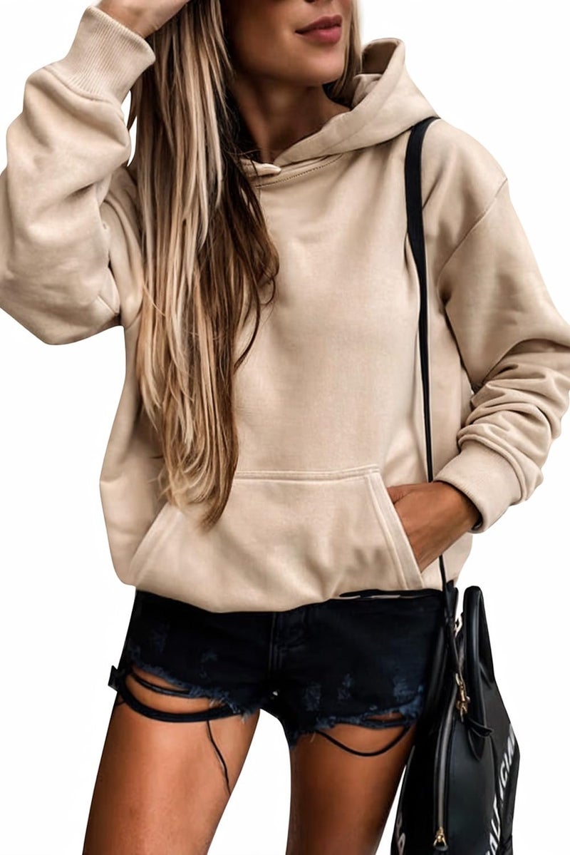 Shein SHEWIN Womens Hoodies Casual Long Sleeve Solid Lightweight Hoodie Pullover Tops Soft Loose Hooded Sweatshirt Fall Clothes for Women 2024,US 4-6(S),Apricot - Image 1
