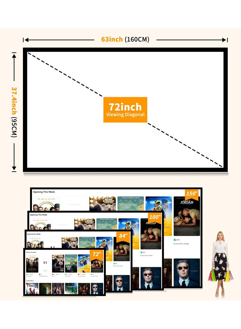 72 inch Projector Screen,16:9 4K ,with Hooks,Portable, Projection Screens, Movie Screen ,Double Sided ,Washable, Foldable ,for Home Theater , Office, Outdoor Movies,Camp Party  - Image 2
