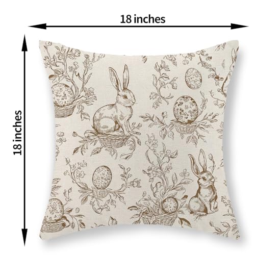 GOLIANDA Spring Brown Pillow Covers 18x18 Set of 2 Botanical Floral Easter Eggs Bunny Throw Pillows Brown Toile Flower Rabbit Decorative Pillow Cases Outdoor Decor Linen Cushion Case for Couch Home - Image 3