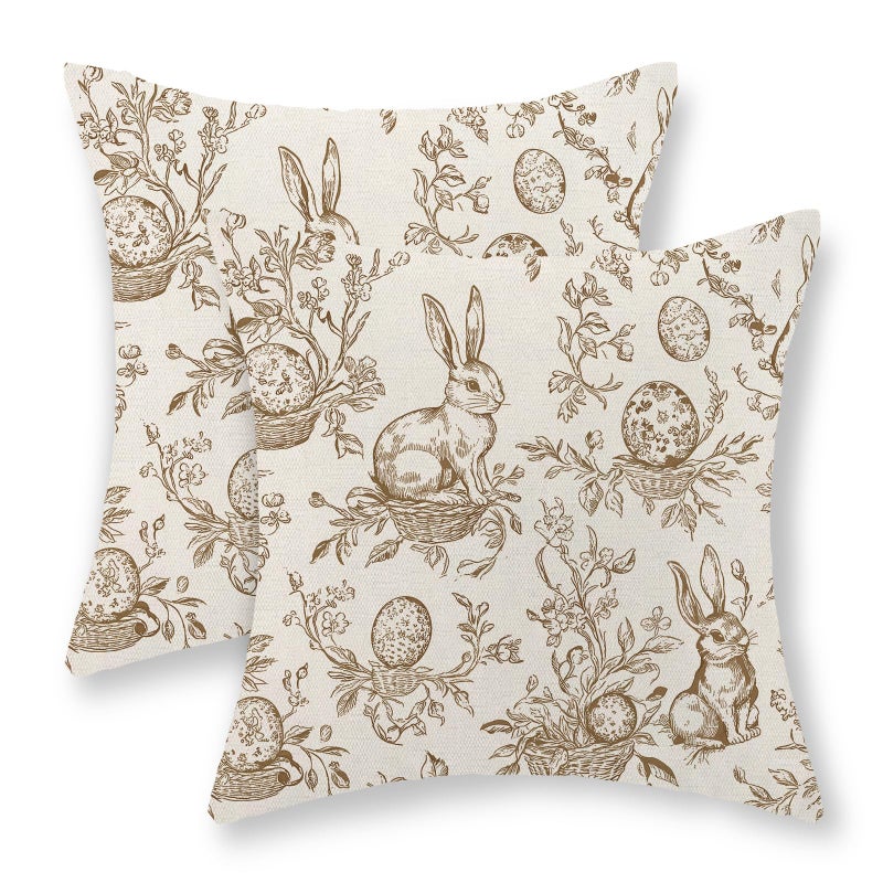 GOLIANDA Spring Brown Pillow Covers 18x18 Set of 2 Botanical Floral Easter Eggs Bunny Throw Pillows Brown Toile Flower Rabbit Decorative Pillow Cases Outdoor Decor Linen Cushion Case for Couch Home - Image 2