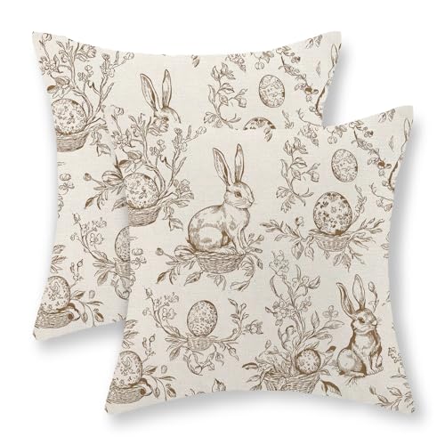 GOLIANDA Spring Brown Pillow Covers 18x18 Set of 2 Botanical Floral Easter Eggs Bunny Throw Pillows Brown Toile Flower Rabbit Decorative Pillow Cases Outdoor Decor Linen Cushion Case for Couch Home - Image 1