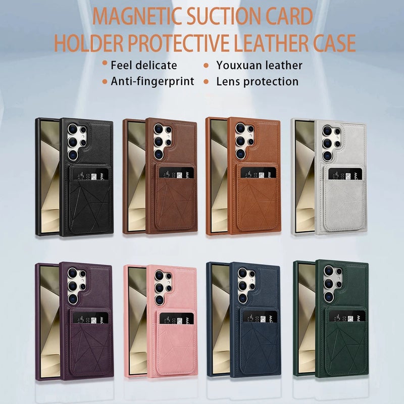 Magnetic Card Holder Kickstand Leather Case Cover For Samsung Series S24 Plus/S24 Ultra/S25 Ultra/S26 Ultra (Pink) - Image 2