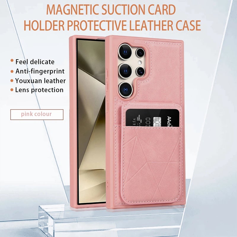 Magnetic Card Holder Kickstand Leather Case Cover For Samsung Series S24 Plus/S24 Ultra/S25 Ultra/S26 Ultra (Pink) - Image 1