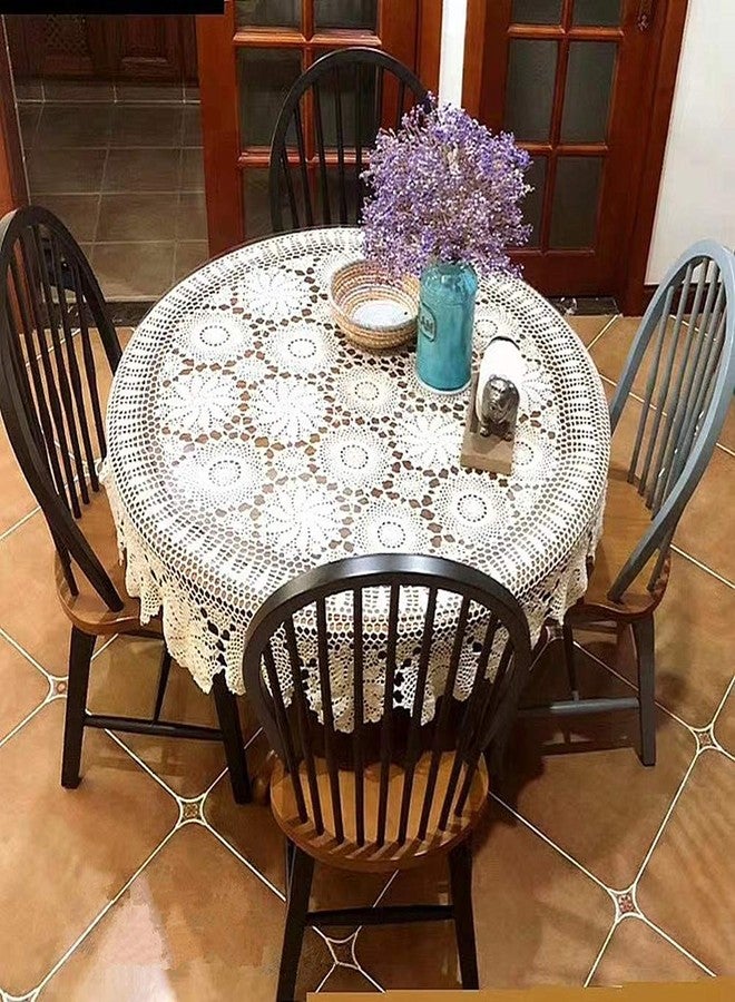 USTIDE 60" Crochet Lace Tablecloth Round Beige Crocheted Table Cloths Elegant Floral Covers Handmade Table Overlays Doily - Image 3