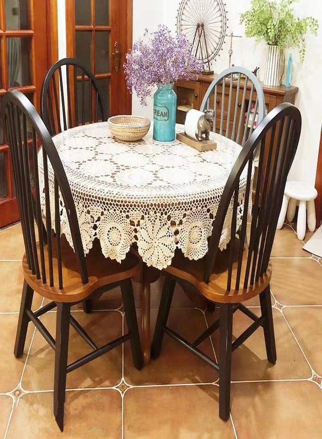USTIDE 60" Crochet Lace Tablecloth Round Beige Crocheted Table Cloths Elegant Floral Covers Handmade Table Overlays Doily - Image 2